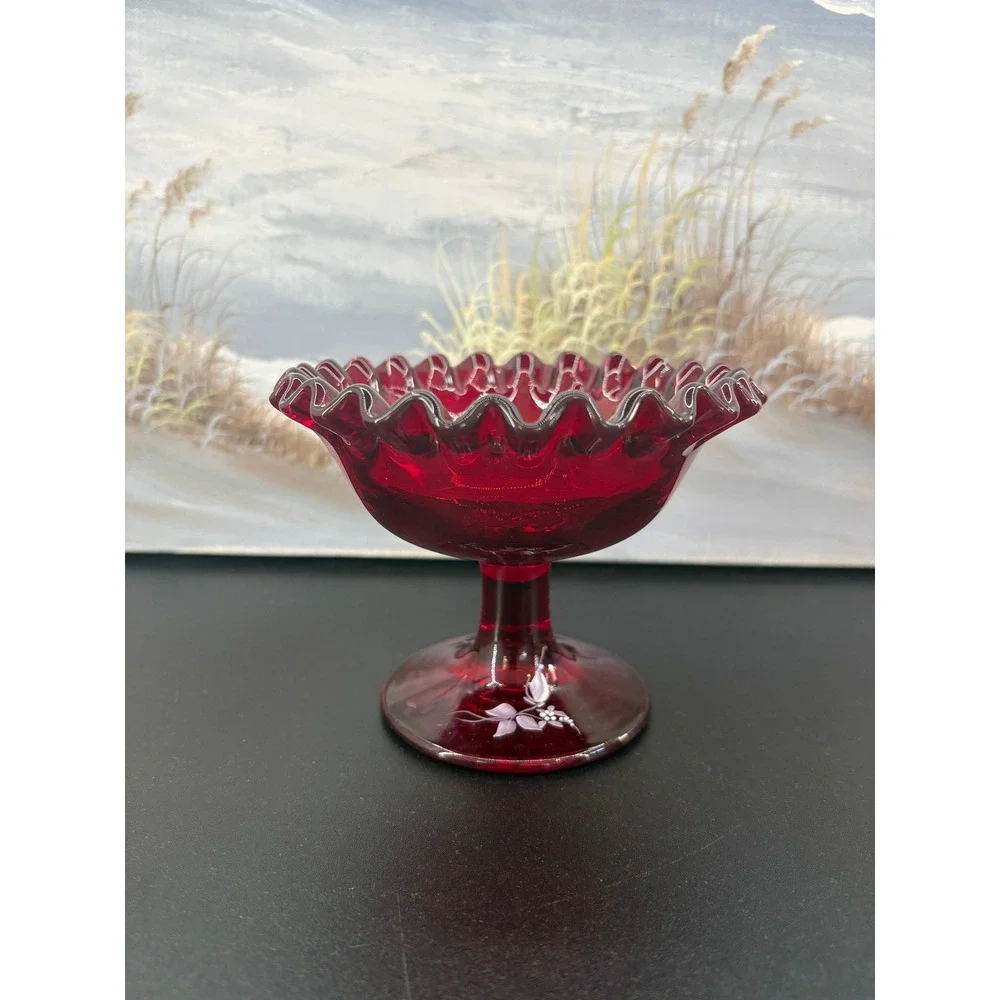 Fenton Ruby Red Glass Pedestal Candy Dish Hand Painted Floral Ruffled Rim Kim L